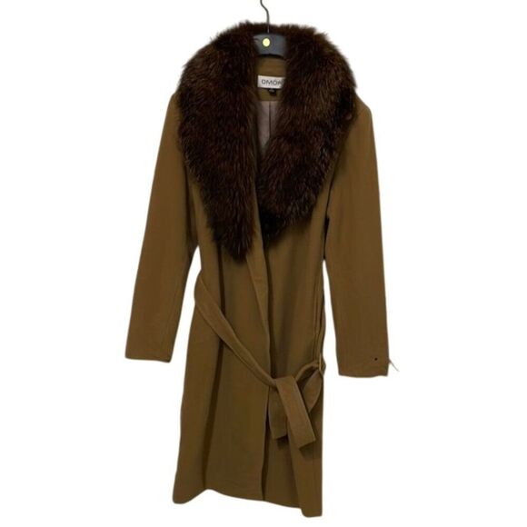 Omon Camel Brown Wool Cashmere Winter Coat Fox Fur Collar Womens Size 14 Belt - Picture 1 of 13